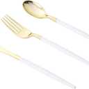 Goodluck 150 PCS White Gold Plastic Silverware Set for 50 Guests,50 Knives, 50 Forks and 50 Spoons, Food-grade material free of BPA, Gold Plastic Cutlery Ideal for Weddings, Birthdays, Graduation