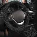 Black Leopard Print Steering Wheel Cover for Women, Universal Fit 14.5-15 Inch with Non-Slip Grip and Thermal Control, Includes 2 Ceramic Absorbent Cup Coasters, Compatible with Cars, SUVs, Trucks.