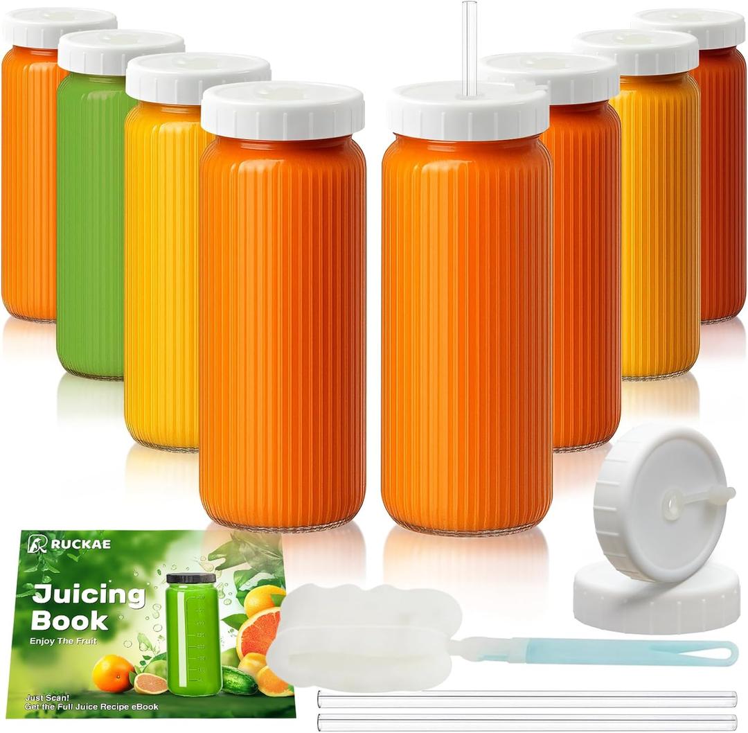Ruckae 16oz Juice Bottles,Ribbed Glass Juicing Bottles with Lids,Smoothie Cup Lids and Straws,Water Bottle Mason Jar Drinking Glasses for Juicing,Smoothies,Kombucha (Clear-8 pack) (Transparent with Stripe)