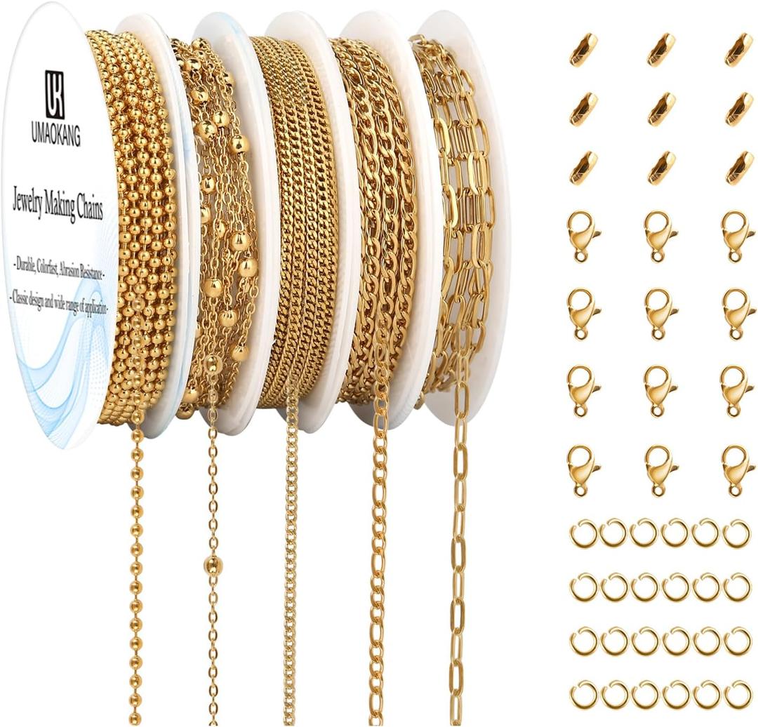 UMAOKANG 12 Meters 5 Rolls Stainless Steel Jewelry Making Chains Gold Plated Chain for Jewelry Making Jewelry Supplies Findings (Gold (Style B))