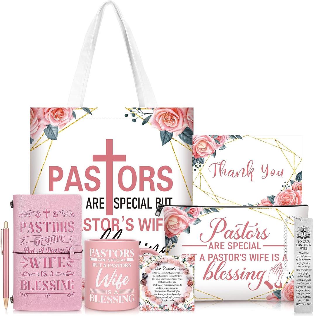 8 Pcs Pastor's Wife Appreciation Gifts Set for Mother's Day Includes Leather Journal Pen Handbag Makeup Bag Mug Natural Stone Bracelet Bookmark Christian Faith Religious Gifts Thank You Gift