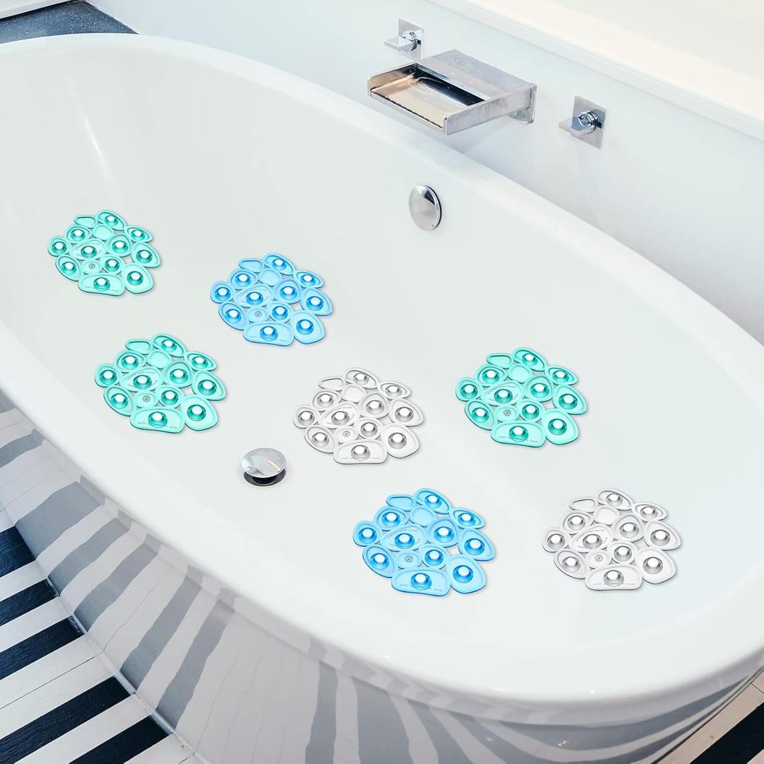 Riakrum 12 Counts Pebble Bath Treads Non Slip Bathtub Stickers with Suction Cups Pebble Non Slip Mat for Smooth Surface Shower Floor Mat, Provides Traction Machine Washable(Green, Blue, Transparent)