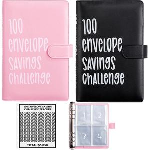 2PCS 100 Envelopes Money Saving Challenge, Envelopes Challenge Binder, Achieving Financial Goals with a Budget Binder and Cash Envelopes, Successfully Reach Your Savings Goals of $5,050 (Pink+Black)