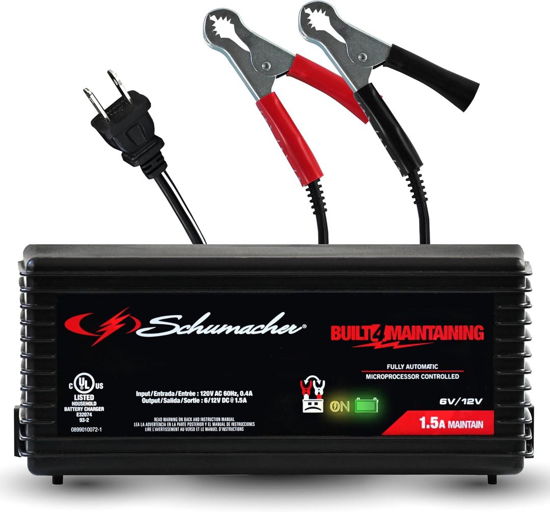 Schumacher Electric 1.5A Car Battery Charger and Maintainer, 3-in-1 Solution, for 6V/12V Power Sport, Automotive, and Marine Batteries, SC1355.