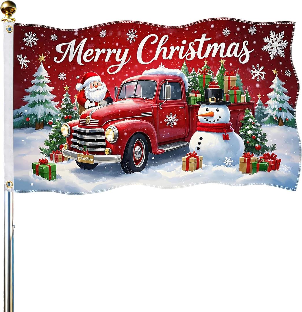 Christmas Flag 3x5FT Merry Christmas for Outside  Double Sided Large Polyester Holiday Flag for Outdoor Yard Decorations, Winter Xmas Tree Santa Snowman Truck Banner for House Garden Decor (Red)