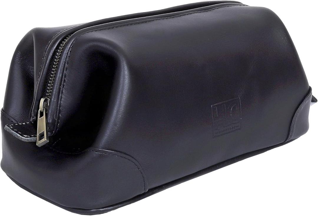HLC Leather Toiletry Bag for Men Best Gift Premium Genuine Dop Kit Shaving Kit Organizer Travel Kit Pouch Bag 10 inch Size (Black)