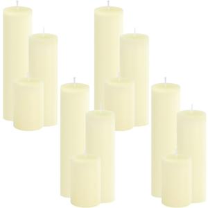12-Pack Ivory Unscented Pillar Candle Set - 2x3, 2x6, 2x8-inch Long-Burning Drip-Free Tapers, 4 Per Size. Ideal for Home Decor, Weddings, Emergencies, and Holidays. (12 Flat-top)