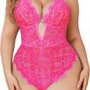 Avidlove Women Plus Size Lingerie Lace Teddy Deep V Lingerie Bodysuit One Piece Babydoll 14-22 Plus (X-Large, Rose Red)