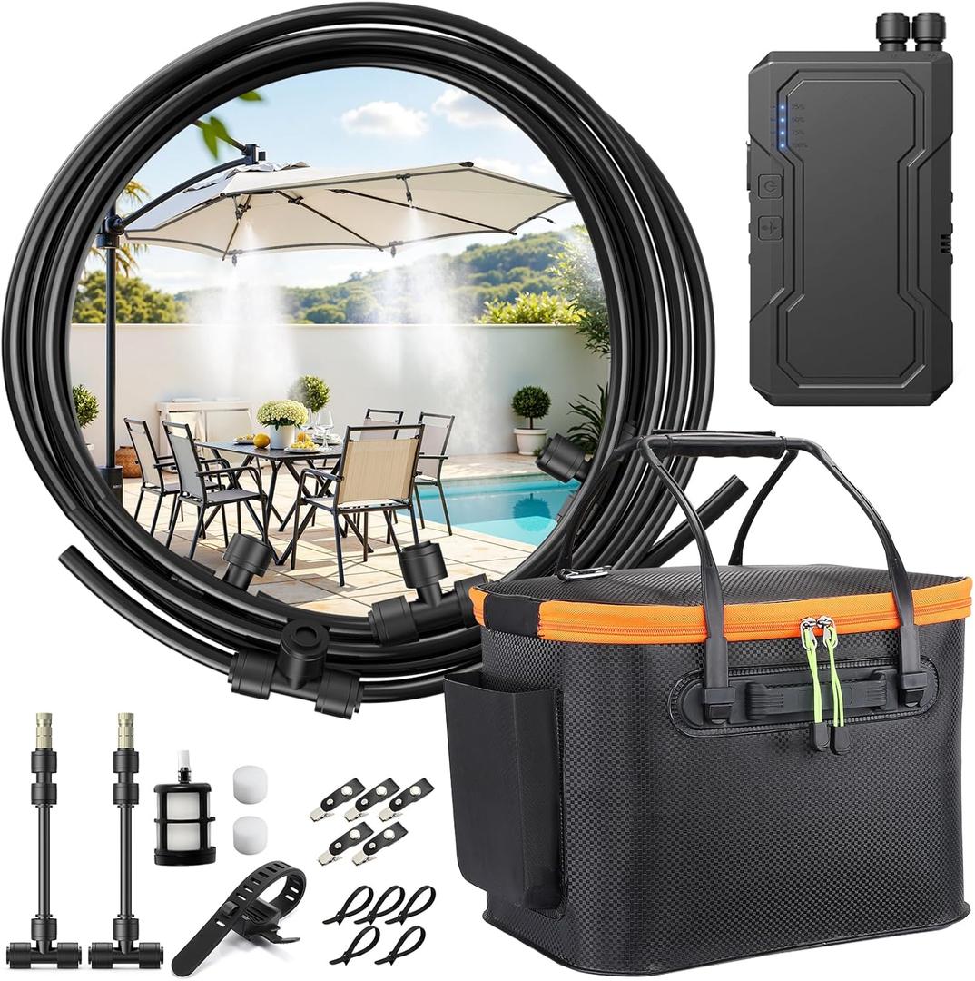Ausic Portable Misting System for Outside Patio, Outdoor Water Cooling Mister with Battery Powered Pump (Max 8Hrs), 20L Bucket, 26FT Hose, Patio Misters for Tailgating, Pasture, Camping, Canopy, Sport