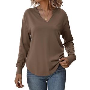Totatuit Sweatshirts for Women V Neck Long Sleeve Shirts Loose Lightweight Curved Hem Casual Pullover Tops 2025 Fall Coffee Small (Brown, S)