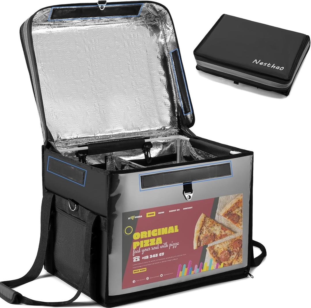 Insulated Food Delivery Bag for Delivery,Magnetic Catering Delivery Box with Support Frame/Cup Holders/Drink Carriers,Great for Catering,Restaurants,Delivery Drivers-XXL Fit 14'' Pizza box
