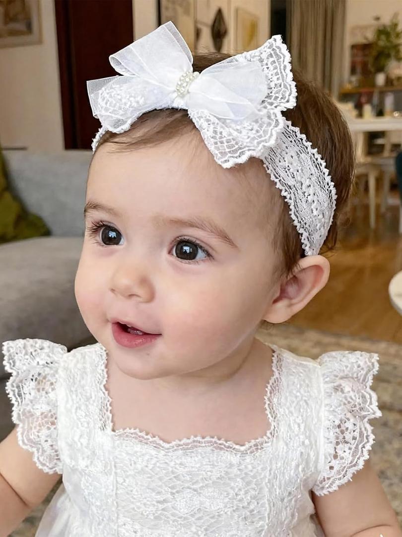 Baby Girls Headband White Bow Lace Headbands Soft Elastic Bowknot Hairbands Cute Hair Accessory for Newborn Kids Infant Toddler Baptism Birthday Party (Lace Flowers)