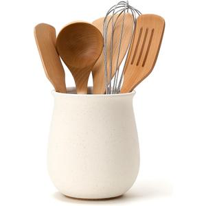 Jemirry Utensil Holder for Kitchen Counter, Modern Nordic Boho Style Cooking Utensil Holder and Crock Home Kitchen Decor, Ceramic Utensil Organizer for Spatula, Ladle, Eggbeater, Rolling Pin- White