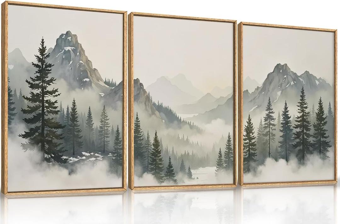 Aryroi Large Nature Foggy Mountain Pine Trees Framed Canvas Wall Art, Misty Forest Landscape Wall Decor,Watercolor Woodland Scenery Artwork,Modern Art Print for Living Room, Bedroom, Office- 24"x36"x3