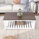 ChooChoo Farmhouse Coffee Table, Rustic Vintage Living Room Table with Shelf, 40 White