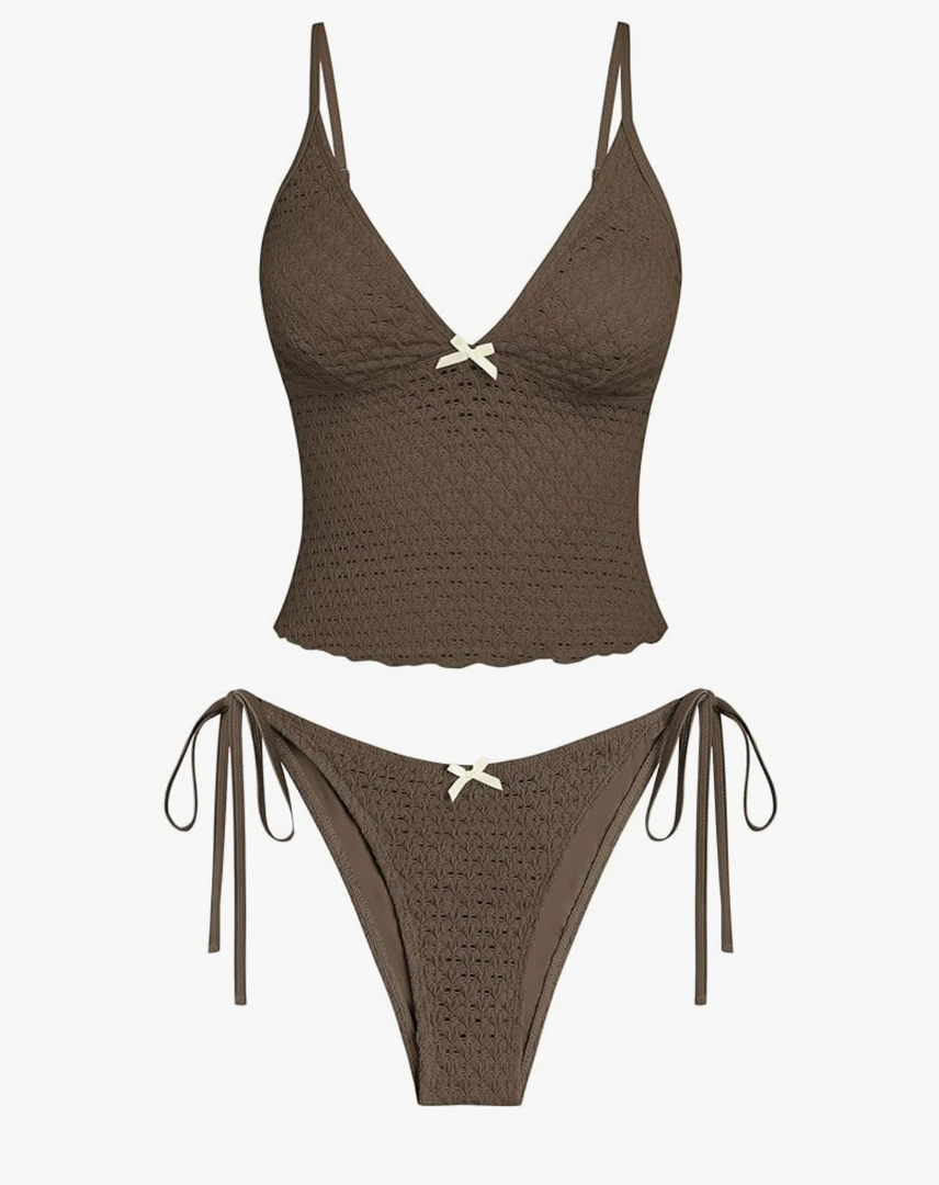 ZAFUL Tankini Swimsuits for Women Lace Jacquard Bowknot Decor Tummy Control High Cut Tanga Tankini Set, Size M