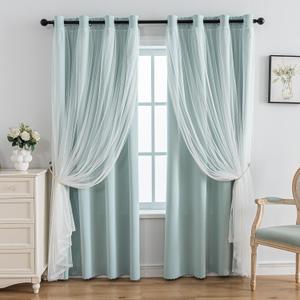 Anytime Home Curtains Blackout and Sheer Layered Solid Window Curtain Panel Pair with Grommet Top, 52Wx84L, Light Blue