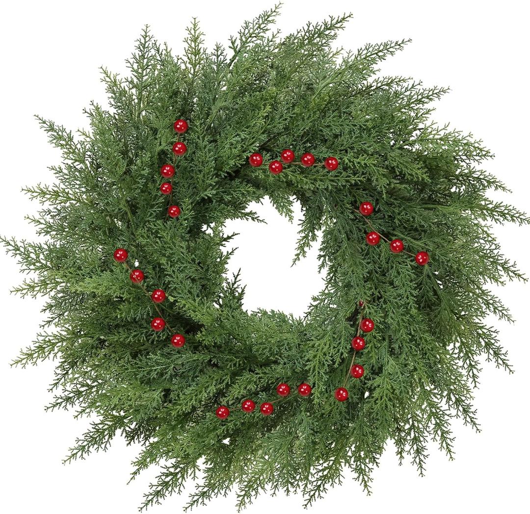 Lush Christmas Wreaths for Front Door with Red Berries Christmas Decorations 24 inch Real Touch Faux Cedar Wreath Large Winter Green Wreaths for Windows Outdoor Indoor Walls Home Xmas Holiday Decor