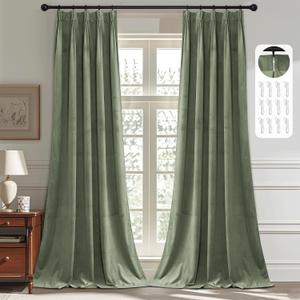 StangH Pinch Pleated Velvet Curtains for Living Room, Sage Green Room Darkening Plush Window Curtains Vertical Insulating Energy Floor to Ceiling Drapes for Sliding Door, W38 x L108, 2 Panels
