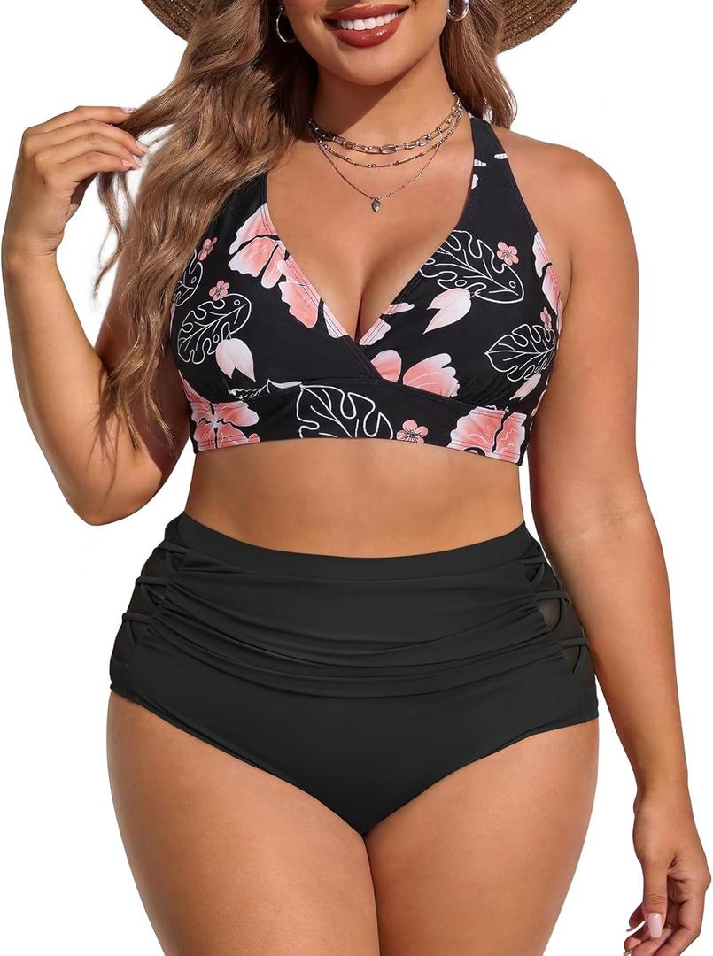 American Trends Womens Bikini Set - Tummy Control, High Waisted 2 Piece Swimsuits Bathing Suits (Pink Flower,  14 Plus)