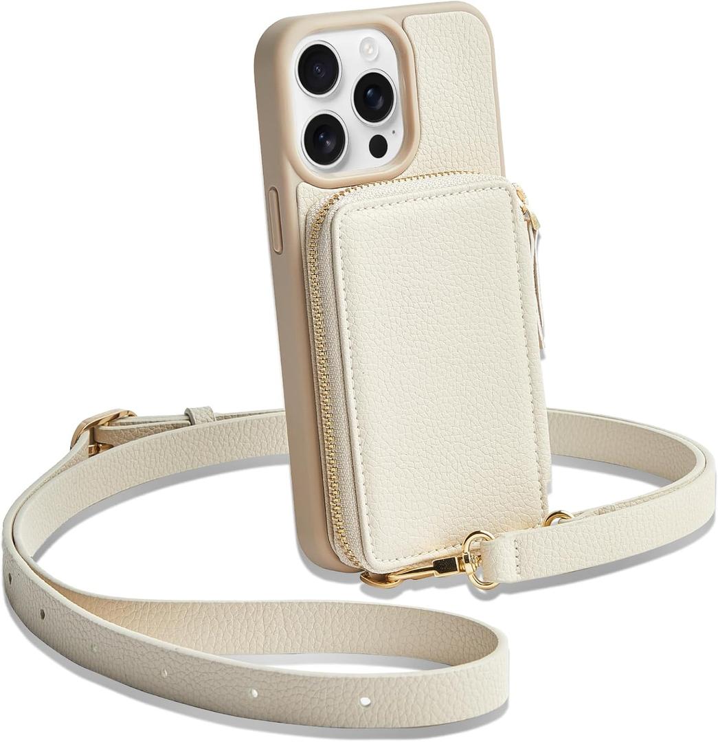 ZVE for iPhone 14 Pro Max Wallet Case Crossbody, Card Holder Phone Purse with Wrist Strap, RFID Blocking Zipper Cover for Women Compatible with iPhone 14 Pro Max, 6.7"- Beige