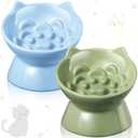 Funnymoom 2 Pcs Ceramic Raised Slow Feeder Cat Bowl, 5.91inch Elevated Cat Slow Feeder Bowl Tilted Anti Vomiting for Dry Wet Food and Water Easy to Clean High Edge(Green, Blue)