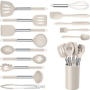 Onader Silicone Cooking Utensils Set of 15, Kitchen Utensils Set with Holder for Nonstick Cookware, 446F Heat Resistant Stainless Steel Handle - Khaki