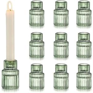 Hewory Glass Taper Candle Holders: 10 PCS Green Vintage Candle Holder Candlestick Holders Bulk, Ribbed Glass Candle Holder Candle Sticks Holder Decor for Table Centerpiece Wedding Christmas Home Decor