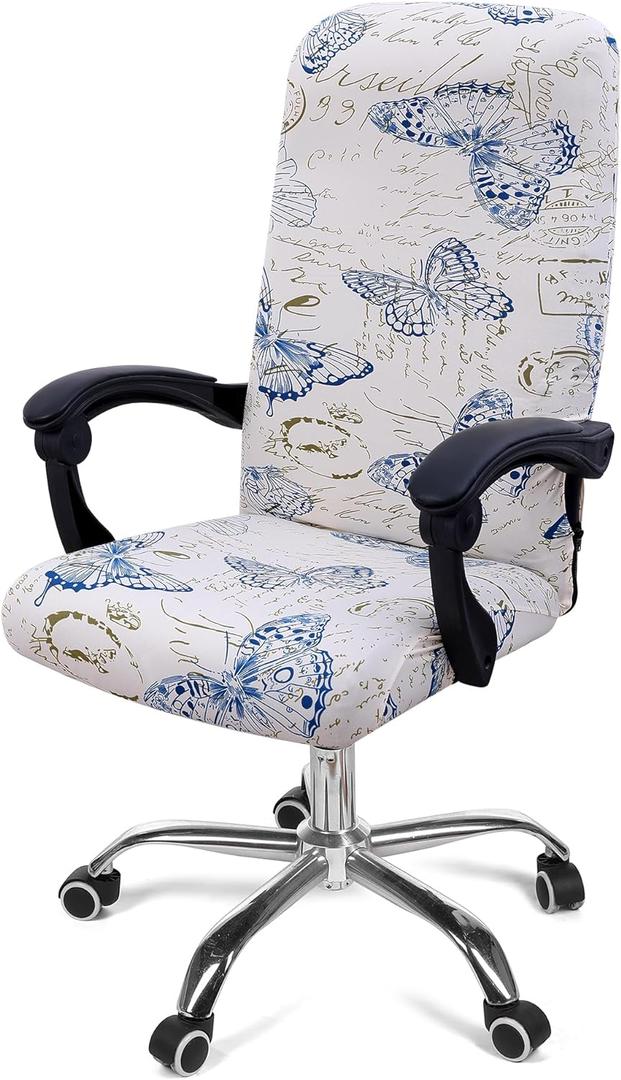 Smiry Stretch Printed Office Computer Chair Covers, Universal Desk Rotating Chair Slipcovers Removable Washable, Soft Fit Anti-Dust Spandex Protector Cover with Zipper, White