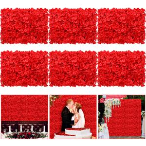 Tigeen 6 Pcs Flower Wall Panels 3D Silk Rose Floral Decorative Faux Flower Wall Background for Wedding Home Decoration Background Shop Party Photo Arrangement(Red,24 x 16 Inch)