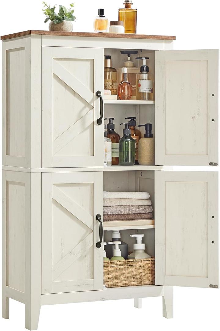 VASAGLE LIRY Collection - Farmhouse Storage Cabinet, Bathroom Floor Cabinet with Barn Doors, Freestanding Kitchen Pantry, Adjustable Shelves, for Dining Room, Living Room, Rustic White, UBBK773W01, 11.8"D x 23.6"W x 43.3"H