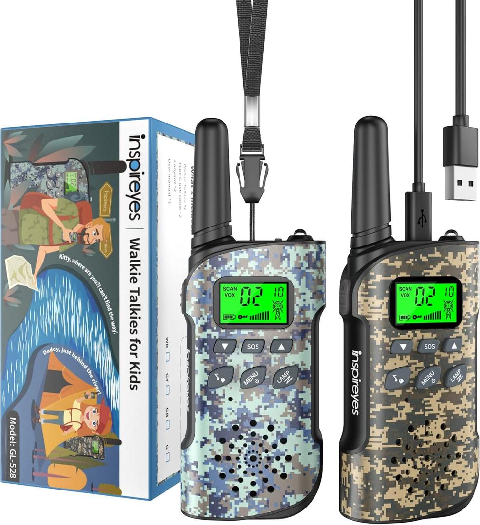 Inspireyes Walkie Talkies for Kids, 2 Pack, Rechargeable Walkie Talkies for Kids, Long Range 2 Way Radio for Boys Girls Ages 3-12, Camo Outdoor Toys Gift for Camping Hiking (Adventure Scout)