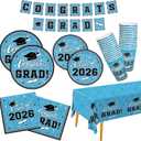 Graduation Party Supplies Gatherfun Graduation Party Dinnerware Set Sky Blue Disposable Paper Plates Napkins Cups Tablecloth Banner for Congrats Grad Party Decorations, Serve 25