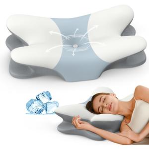 Cervical Neck Pillow - Contour Memory Foam Pillows for Pain Relief, Ergonomic Pillow for Sleeping, Side Sleeper Pillow for Neck Support, Orthopedic Bed Pillow for Back Stomach Sleepers(White & Blue)