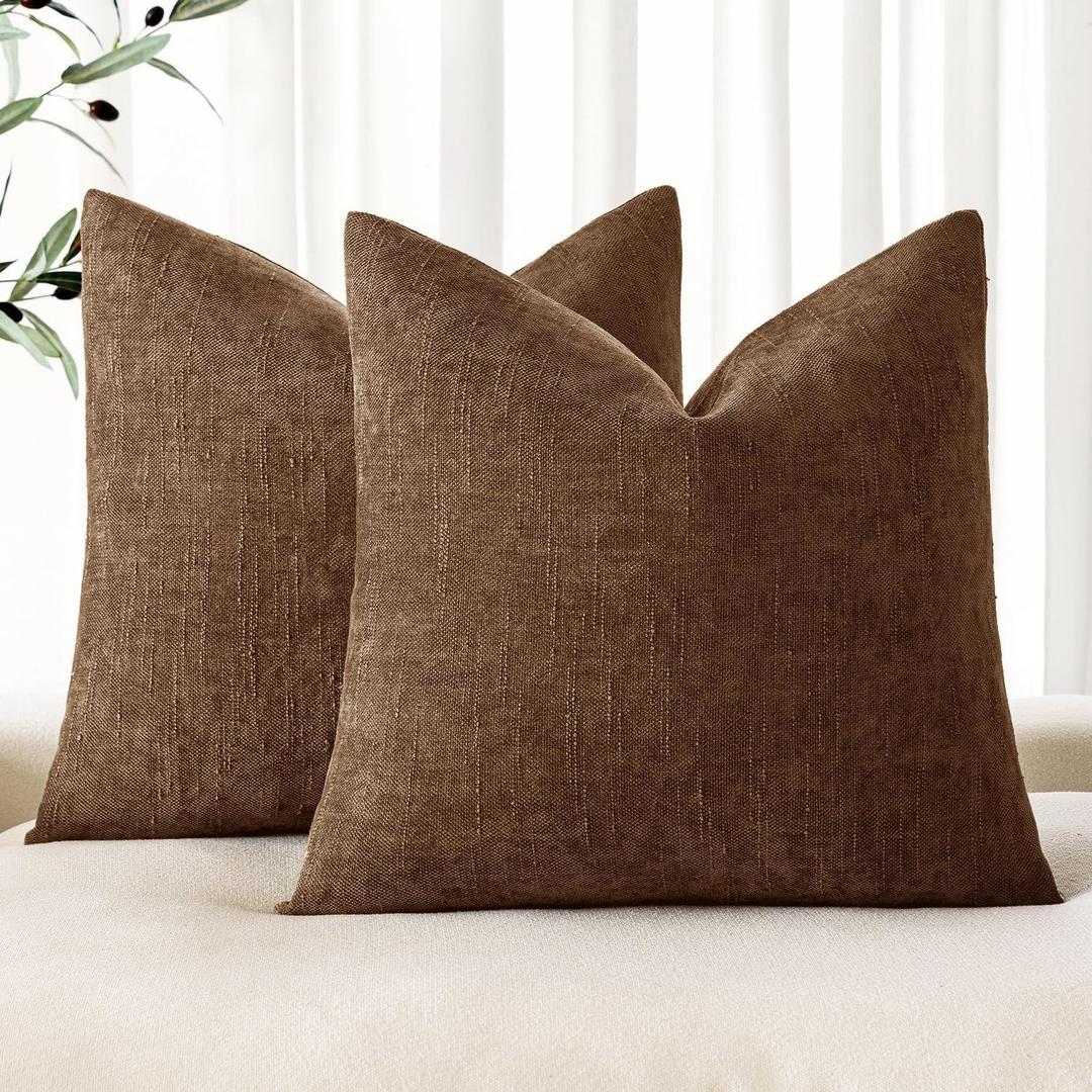 MIULEE Pack of 2 Decorative Throw Pillow Covers Soft Chenille Throw Pillows Solid Neutral Farmhouse Textured Cushion Covers for Couch Sofa Bedroom Living Room 20x20 Inch,Honey Brown