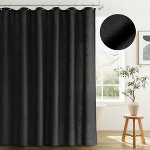 BOODII Linen Shower Curtain Neutral Linen Boho Farmhouse Shower Curtain with Hooks Morden Country Bathroom Decor Black Weighted Burlap Cloth Heavy Duty Fabric 200GSM 72x78