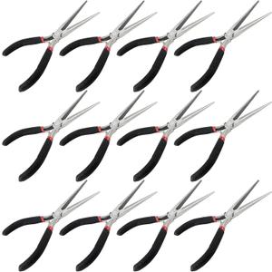 12 PCS 6 Inch Needle Nose Pliers, Long Needle Nose Pliers, Red Black Handle Tapered Needle Nose Pliers for Handmade Craft, Jewelry Making