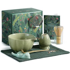 Matcha Whisk Set, 7 Pcs Japanese Matcha Kit Includes Matcha Bowl with Spout, Bamboo Whisk, Chasen Holder, Stainless Sifter, Scoop and Rest, Tea Towel, Matcha Tea Set Gift for Family/Friend (Mottled Green)