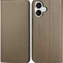 SHIELDON Wallet Case for iPhone 16 Plus 6.7", Genuine Leather Book Cover RFID Blocking Credit Card Slots Magnetic Closure Shock Absorbing Phone Case Compatible with iPhone 16 Plus 2024 - Pebbled Khaki