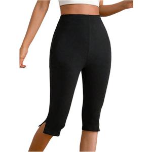 Verdusa Women's Split Capri Leggings High Waisted Knee Length Shorts (Black)