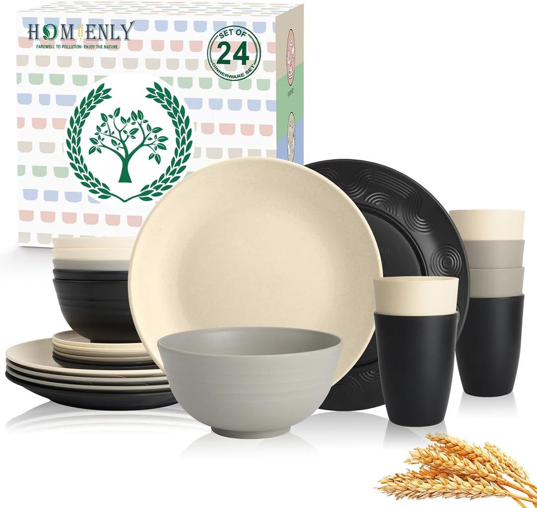 Homienly Wheat Straw Plates and Bowls Set, Lightweight & Unbreakable Dinnerware Set for Kitchen, Parties, Holidays, Microwave and Dishwasher Safe Dish Set - Plate Sets, Bowls, Cups, 24pcs (Grey Stone)