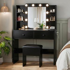 Haewon Makeup Vanity Desk with Lighted Mirror and Chair Set, Black, Small