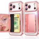 Meifigno for iPhone 17 Pro Wallet Case (Holds 3-4 Cards & Cash), Built-in Mirror & Kickstand, [Surround Raised Lens Protection] for iPhone 17 Pro Case with Card Holder for Women (6.3''), Rose Gold