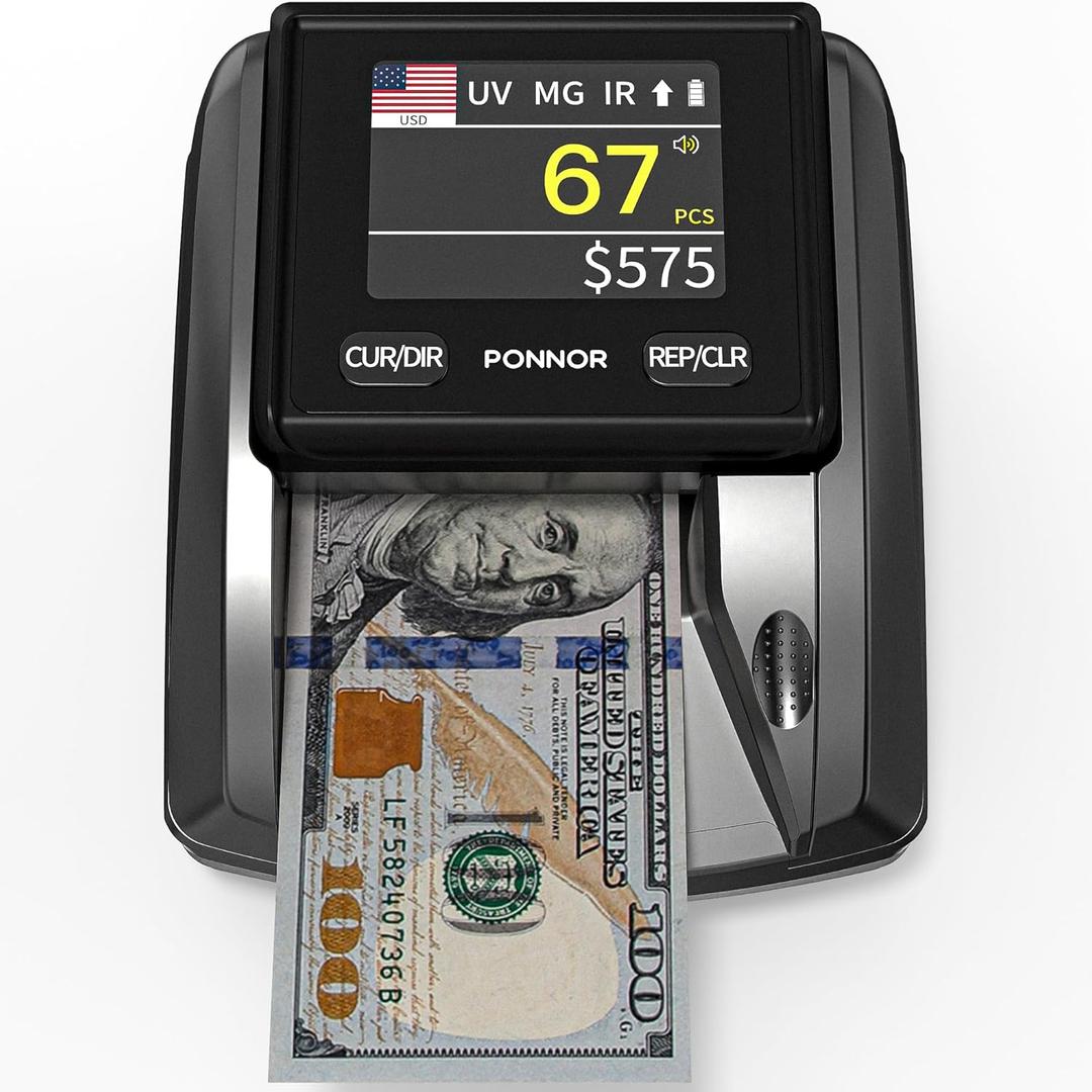 PONNOR AL-135T Counterfeit Bill Detector Money Checker Machine with 3" Digital Screen, Total Value Add Function, 4-Way Orientation & Pass/Fail Indicator Mode, Compatible with USD/EUR/CAD/MXN