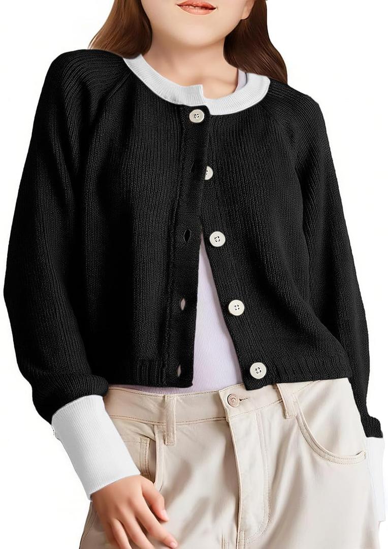Girls Cardigan Sweater Kids Color Block School Uniforms Button Down Long Sleeve Knit Tops Tweens Winter Clothes (Black)