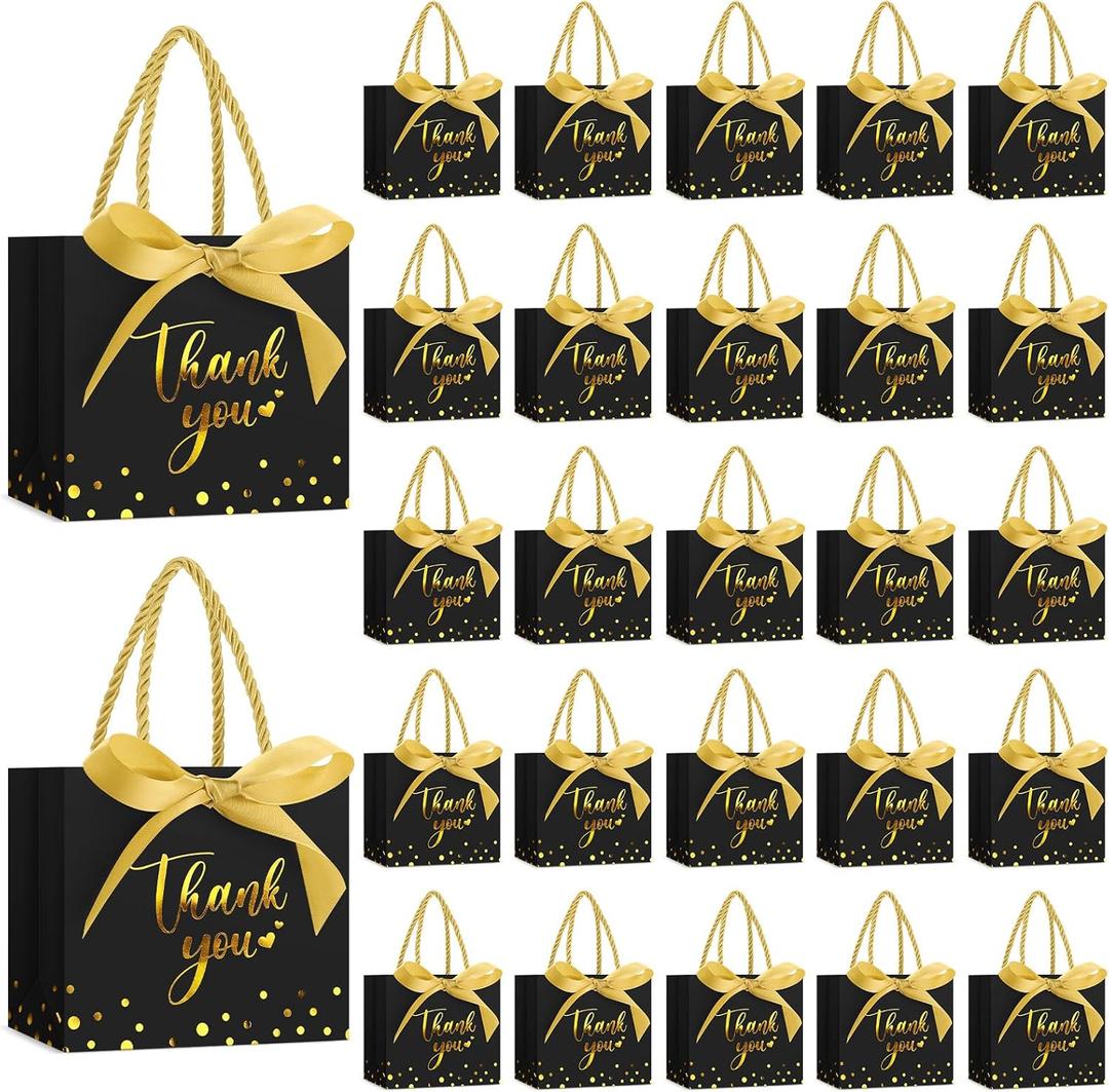 Jetec 15 Pcs Mini Paper Gift Bags Bulk 5.5x4.7x2.5'' Small Thank You Gift Candy Bag with Handle Party Favor Gift Bags with Bow Ribbon for Wedding Baby Bridal Shower Graduation Party Favor (Black)