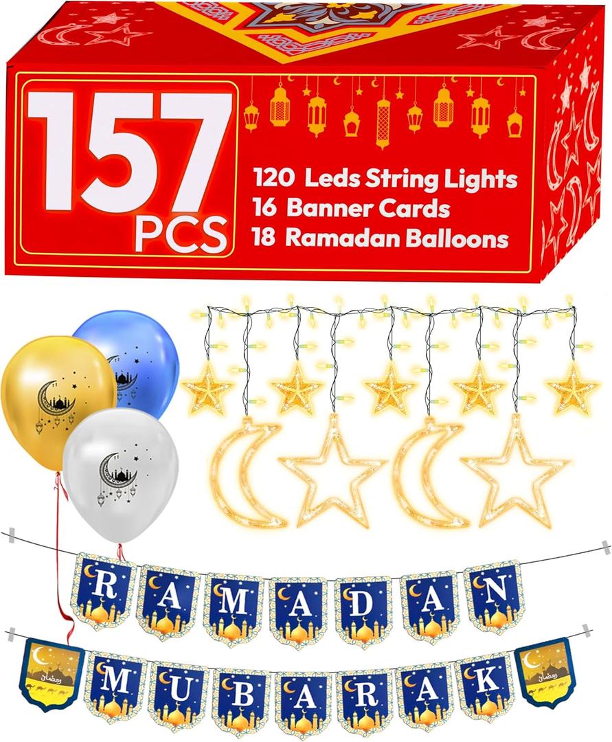 OLEEK ramadan decorations for home 2026 set ( ramadan's lights -2 rmadan banner -18 ramdan balloons - card) ramadan decor - ramadan gifts for kids - ramdan decoration -