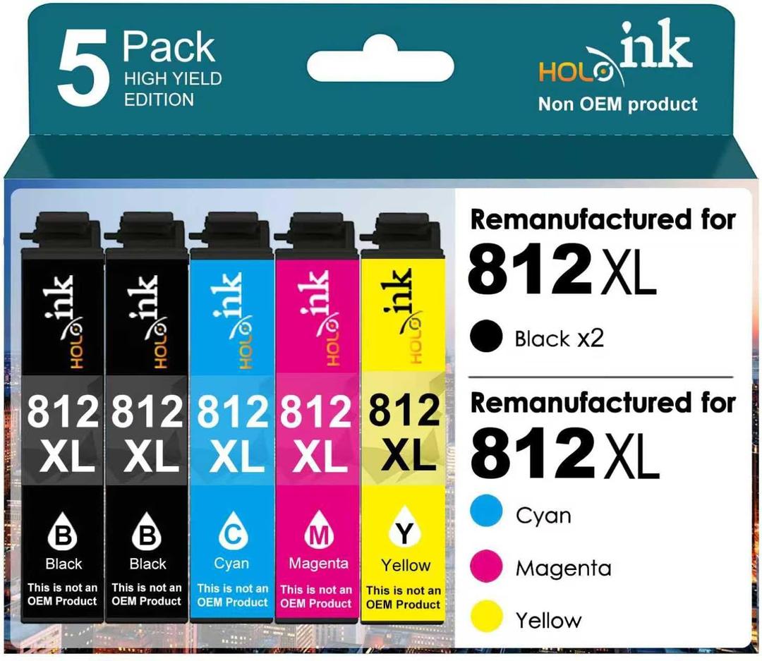 HOINKLO for 812xl Remanufactured for Epson 812XL Ink Cartridges Combo Pack 812xl Works with Workforce Pro WF-7310 WF-7820 WF-7840, Workforce EC-C7000 Printer (2 Black, Cyan, Yellow, Magenta, 5 Pack)