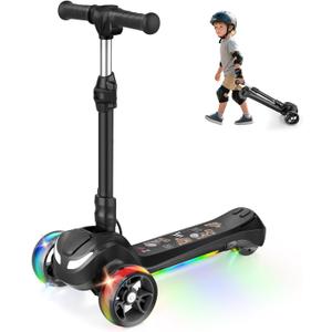 Electric Scooter for Kids Ages 3-12, 3-Wheel Electric Scooter, Electric Kick Scooter with 2 Speed, Long Battery Life, Bluetooth Music, Flashing LED Wheels, Adjustable Height, Gift for Boys/Girls (Black)