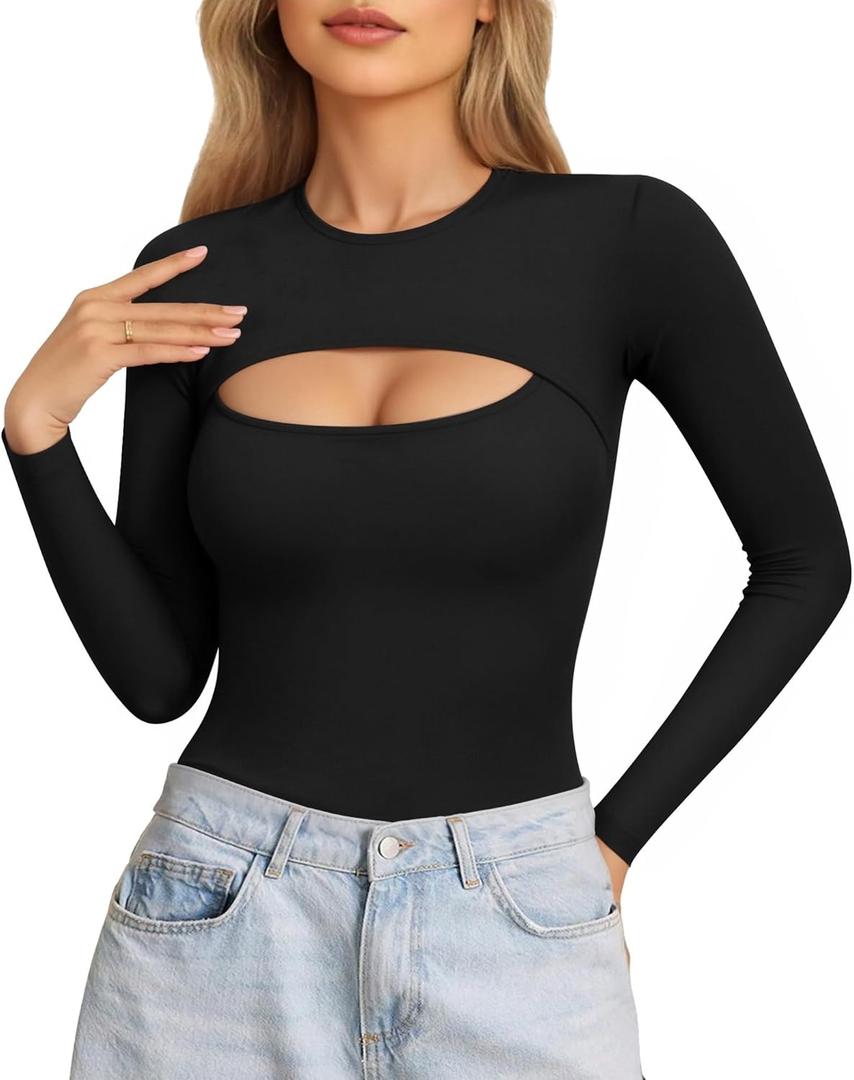 ALGALAROUND Women's Cutout Tops Basic Long Sleeve Round Neck Slim Fit T-Shirts (Medium)